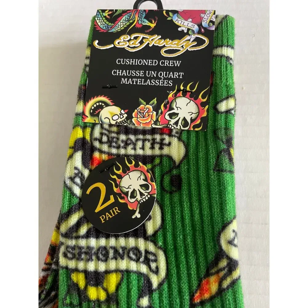 ADULT ED HARDY 2 PAIR BLACK GREEN CREW SOCKS NEW
